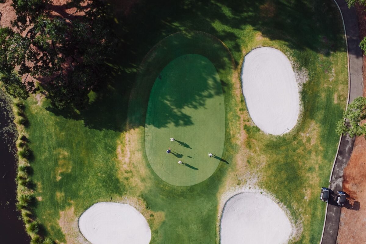 Aerial view of a coastal resort golf course
