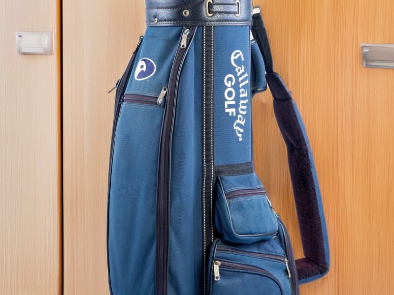 A blue golf bag full of clubs standing in an indoor locker room