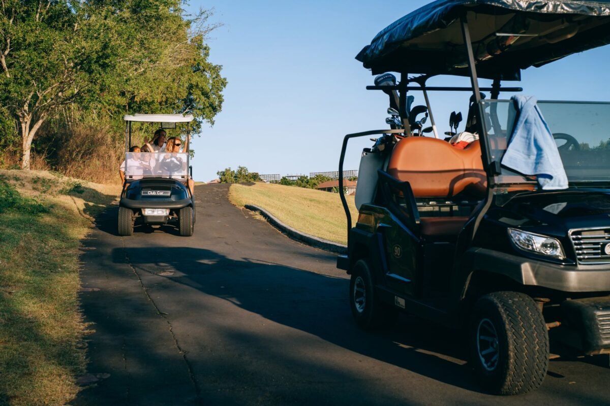 A line of golf carts parked along a concrete path