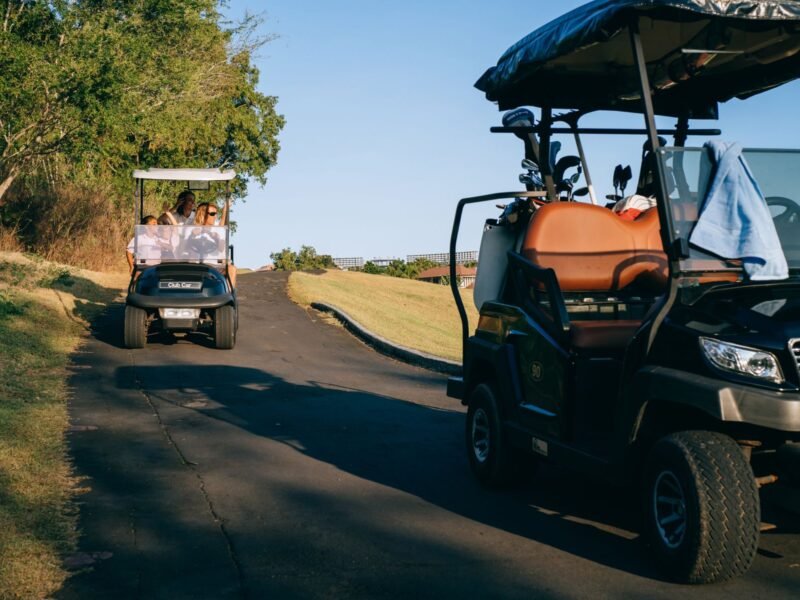 A line of golf carts parked along a concrete path