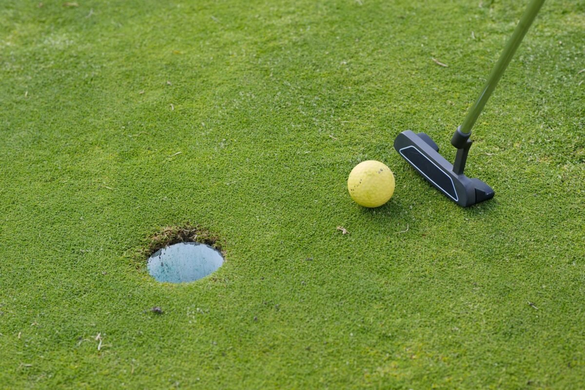 A putter and ball beside the hole