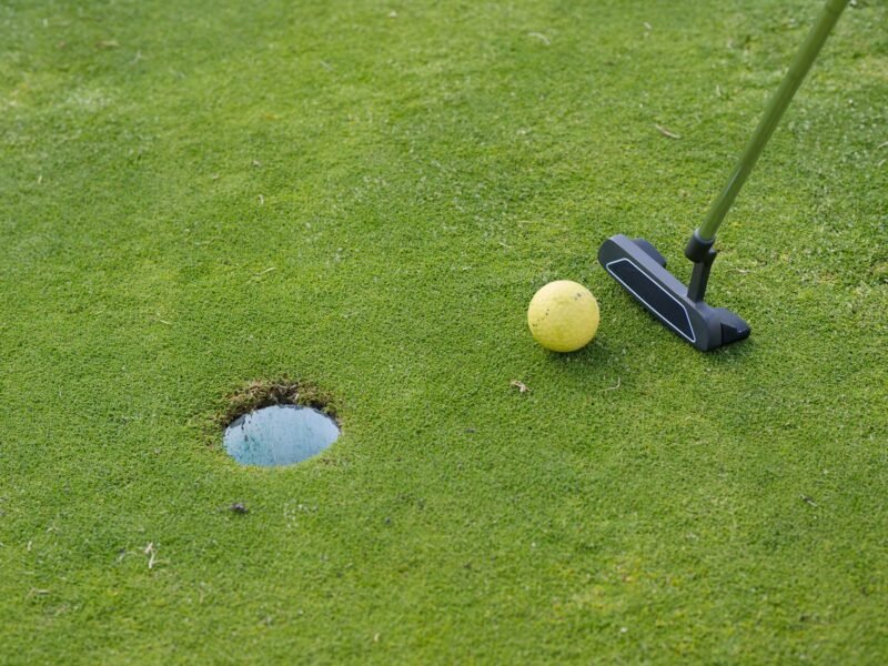 A putter and ball beside the hole